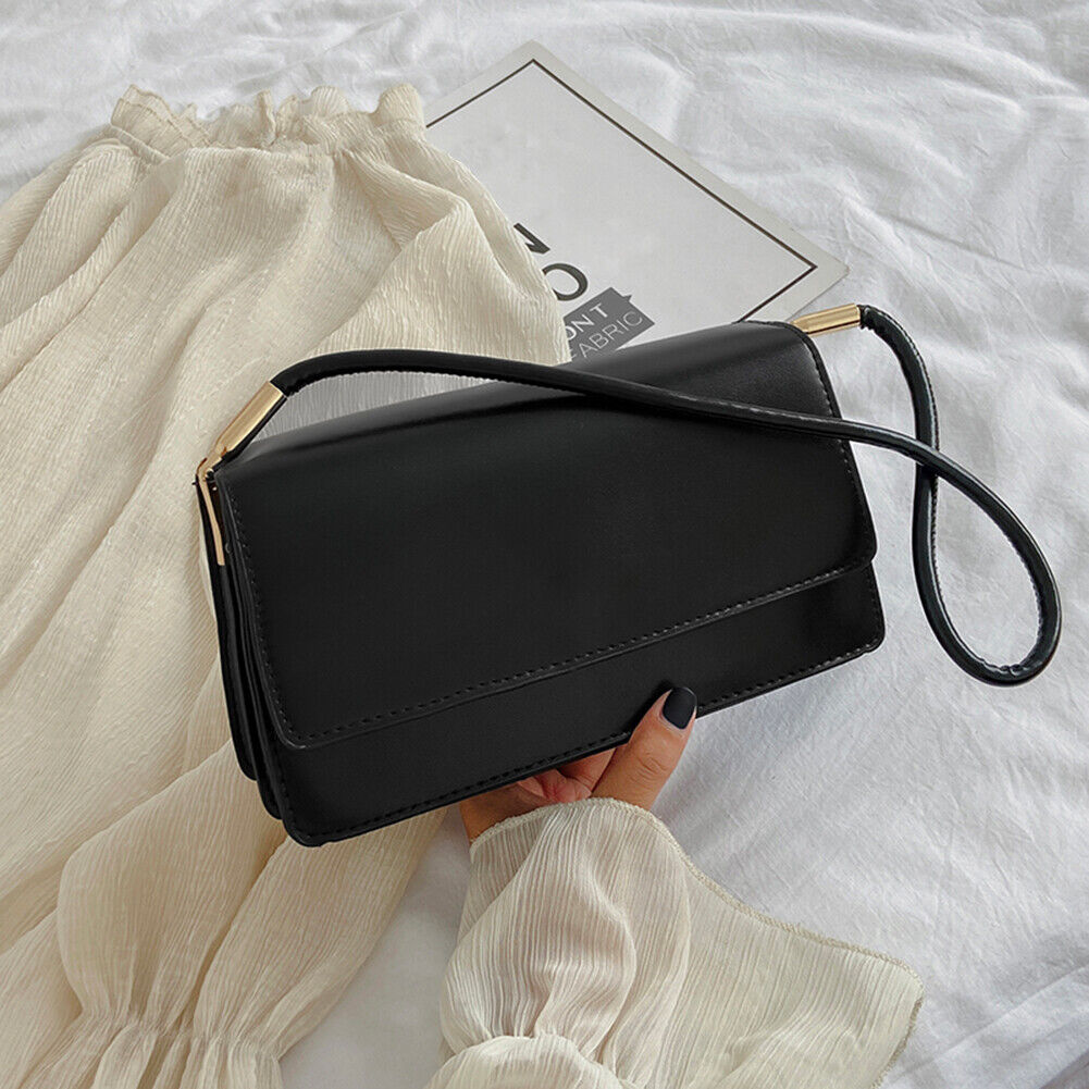 Simple Solid Color Women Handbag Tote PU Female Flap Shoulder Bag (Black)