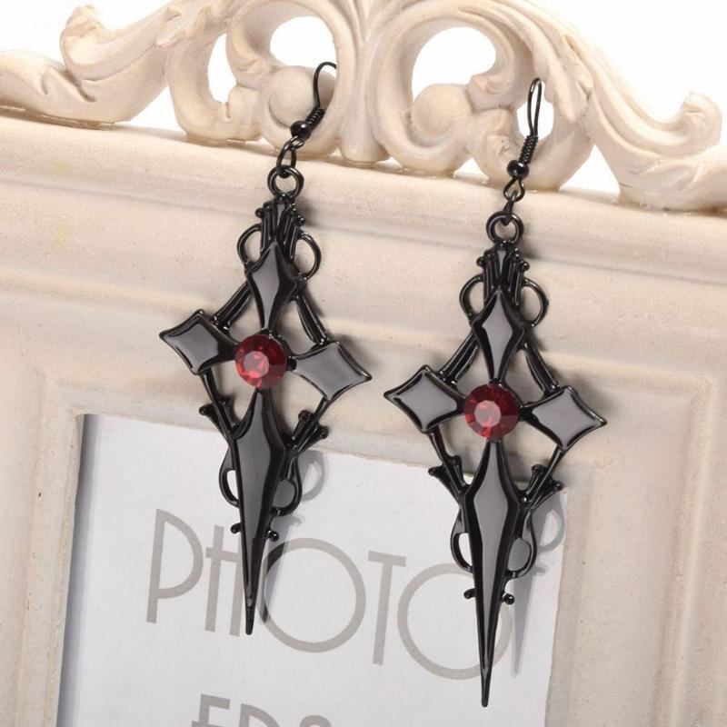 Halloween Steampunk Black Cross Metal Red Rhinestone Ear Pendant Jewelry Gifts