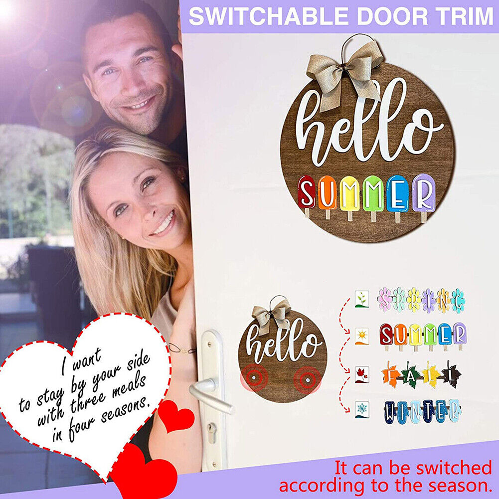 Seasonal Hello Sign Front Garland Doorplate Wooden Wall Hanging Decoration