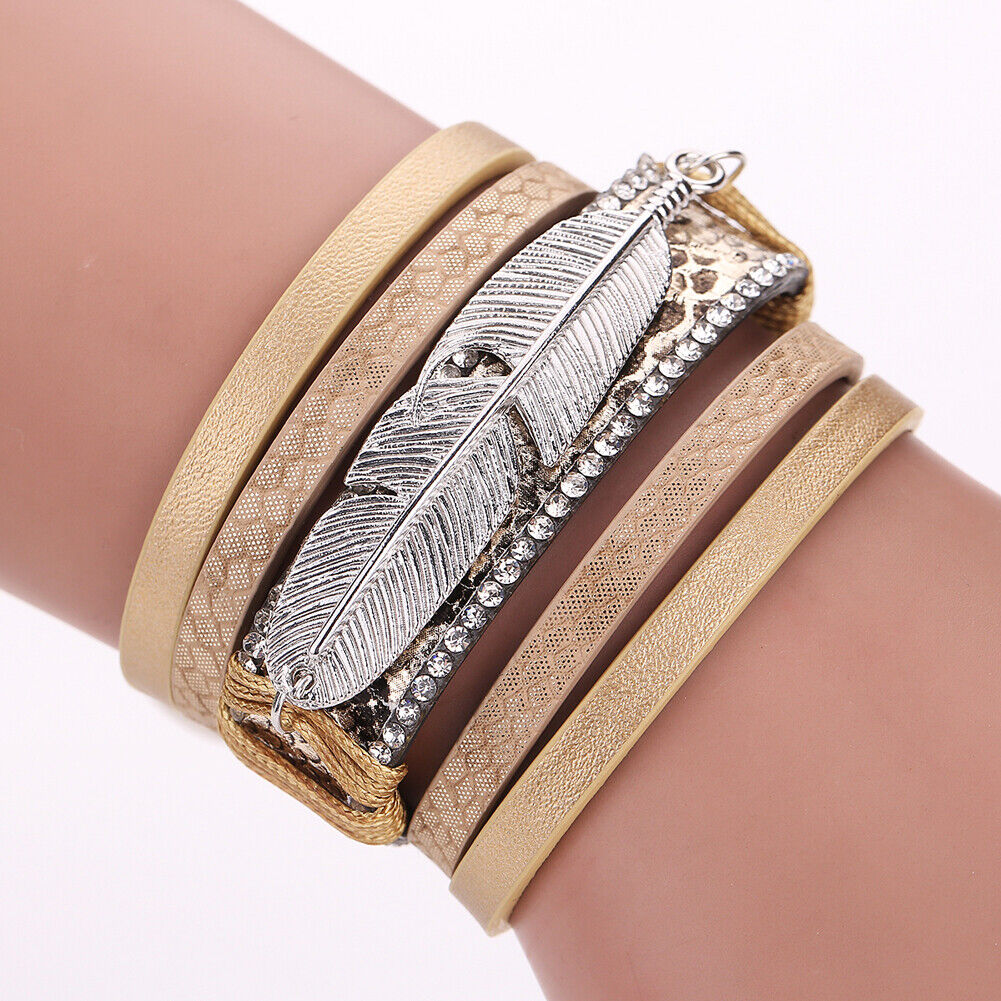 Alloy Feather Leaves Wide Magnetic Leather Bracelets Multilayer(Yellow)