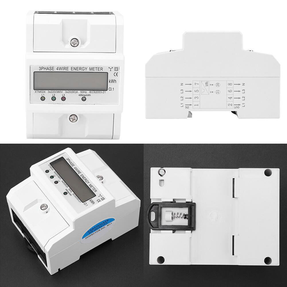 Digital 3 Phase 4 Wire Electric Energy Meter DIN Rail kWh Power Wattmeter