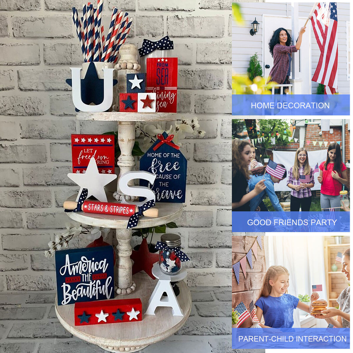 Independence Day Patriotic Ornaments - Blue Red & White Wooden Craft Decor