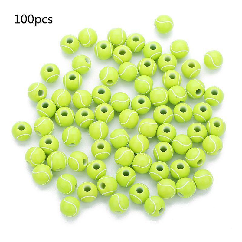 100x Lucky Tennis Ball Round Beads Charm 12mm Sport Spacer Bead for DIY Keychain