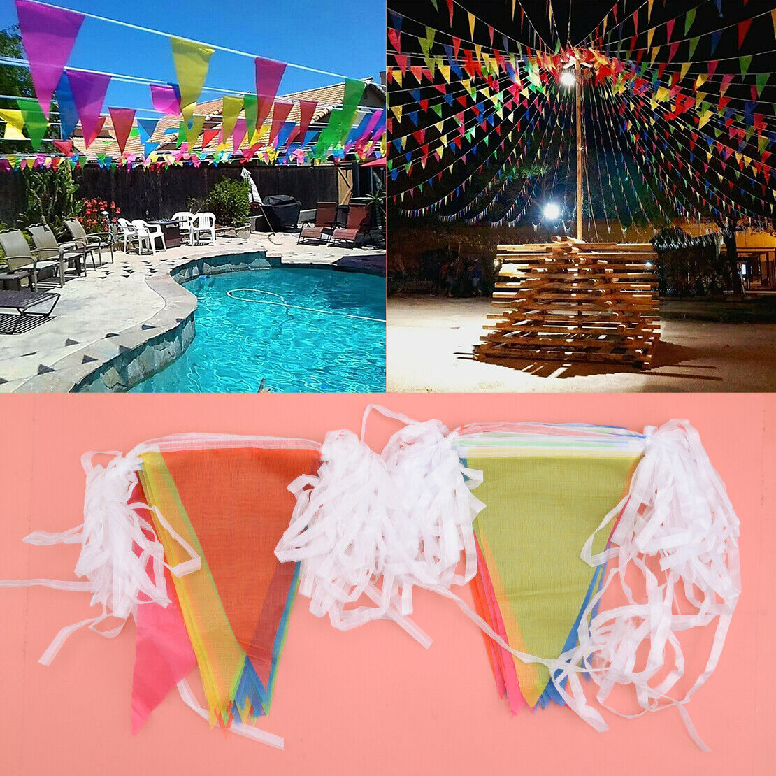 10M Long Fabric Multi Coloured Bunting Banner Flags Pennant Party Decoration