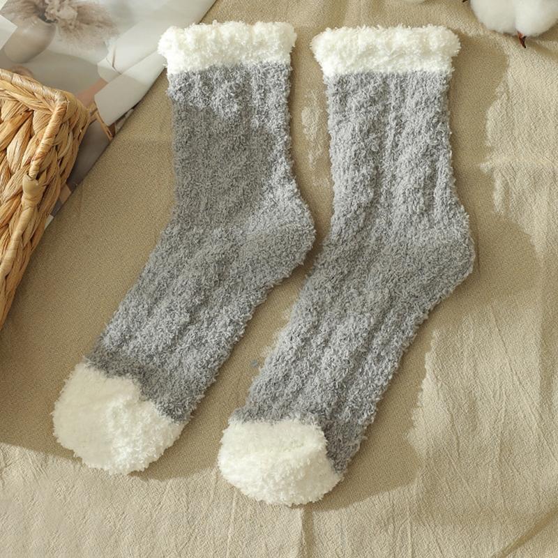 5 Pairs Coral Velvet Fuzzy Slipper Socks Solid Color Twist Braided Sleep Hosiery