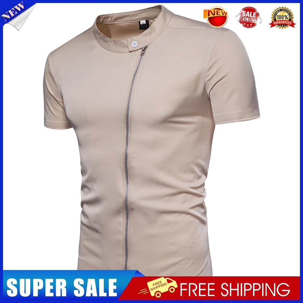 Men Short Sleeve Fashion Solid Oblique Zipper Stand Collar Shirt(Khaki L)-2