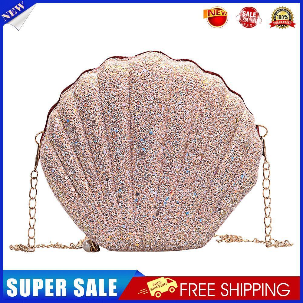 Cute Sequin Shoulder Handbags Women Small Chain Shell Crossbody Bags (Pink)