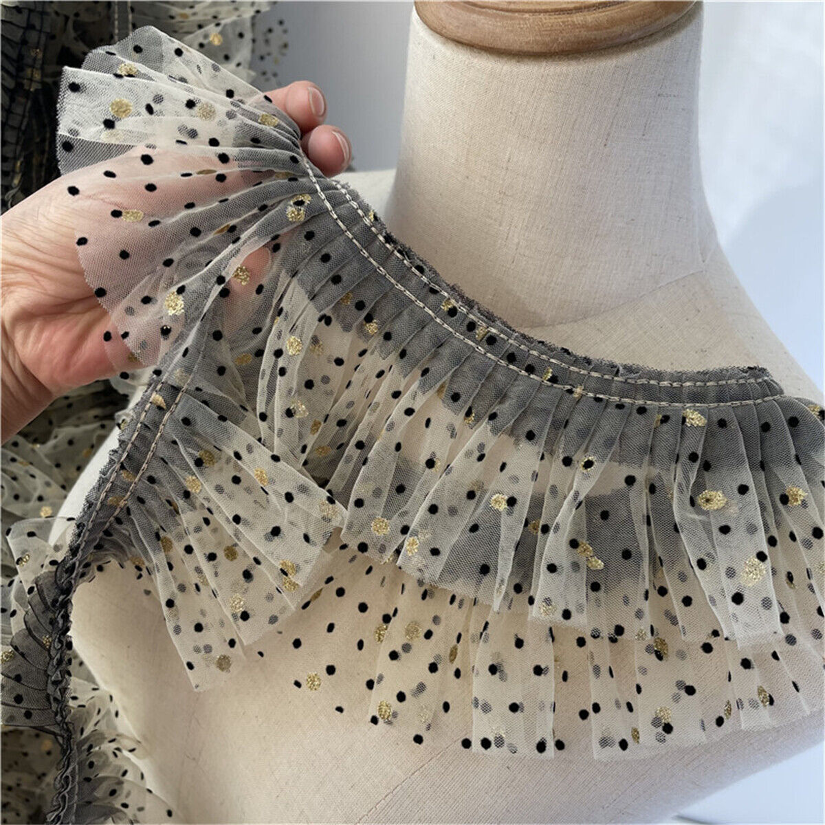 1 Yard Polka Dots Pleated Lace Ruffles Trim Tulle Fabric Ribbon DIY Dress Sewing