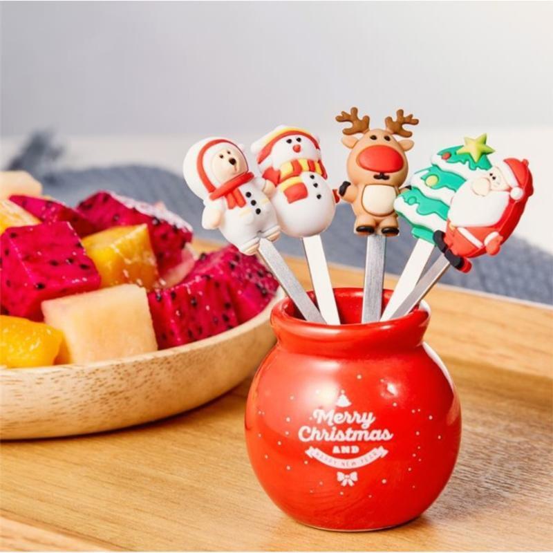 Christmas Ornaments Fruit Forks Stainless Steel and Silicone Material Fruit Fork