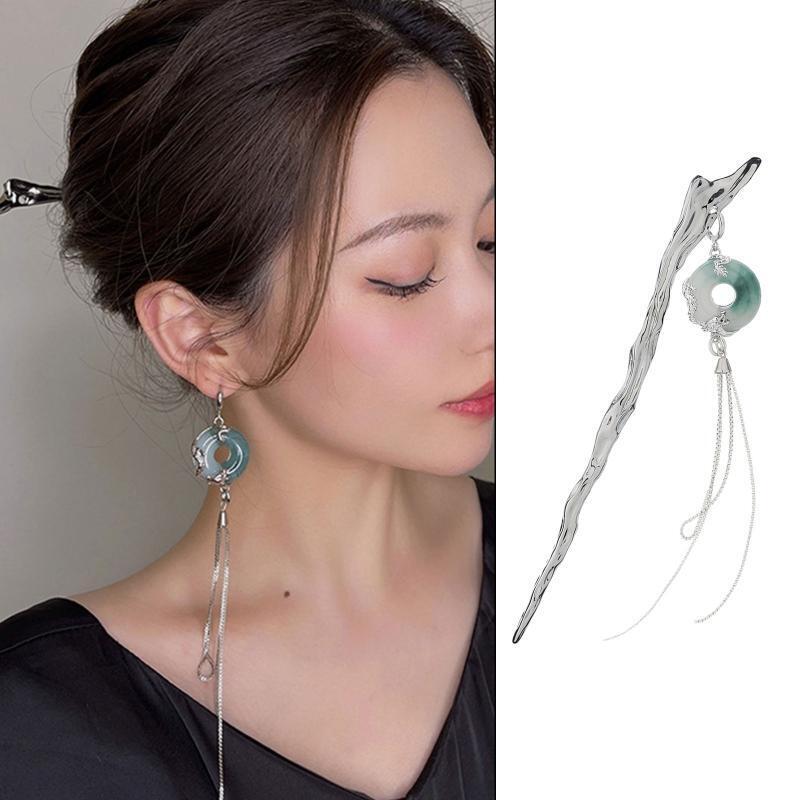 Tassel Hairpins For Updos Chinese Hair Sticks With Chain Jade ring Headwear