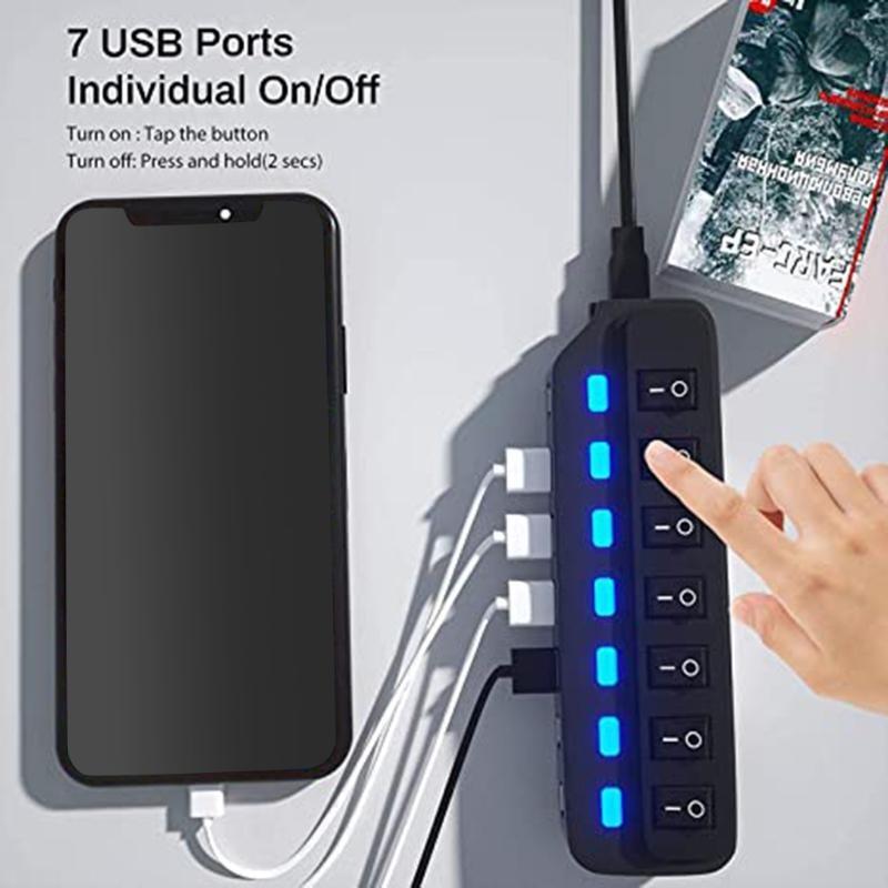 7 Port USB Data Hub USB Hub 3.0 Splitter with Individual On/Off Switches