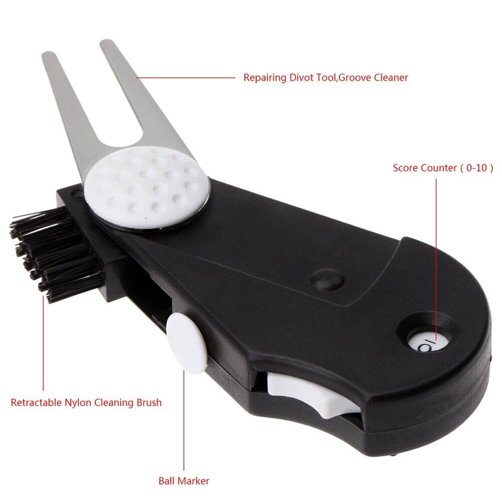 5in1 Golf Gadget Divot Tool Groove Cleaner Marker Brush Score Counter Belt Clip