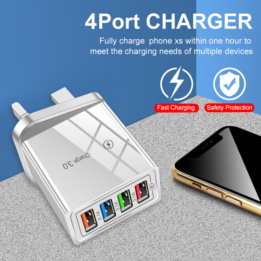 4 Ports Portable USB Charging Mobile Phone Chargers Wall Adapter (White)