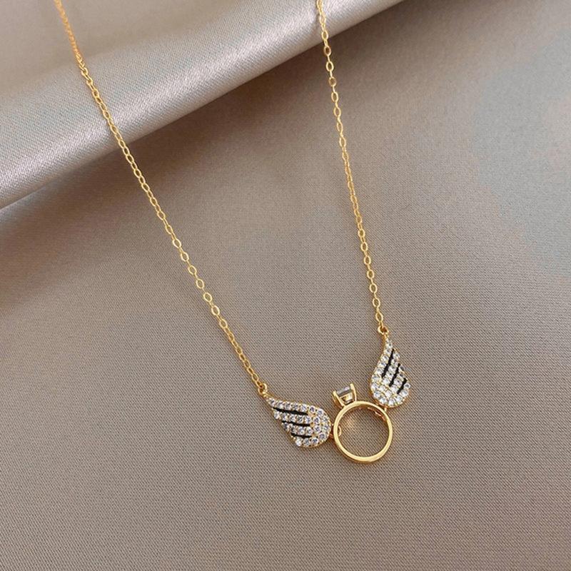Tiny Angel Wing Necklace Round Crown Wing Pendant Chain Necklace Choker