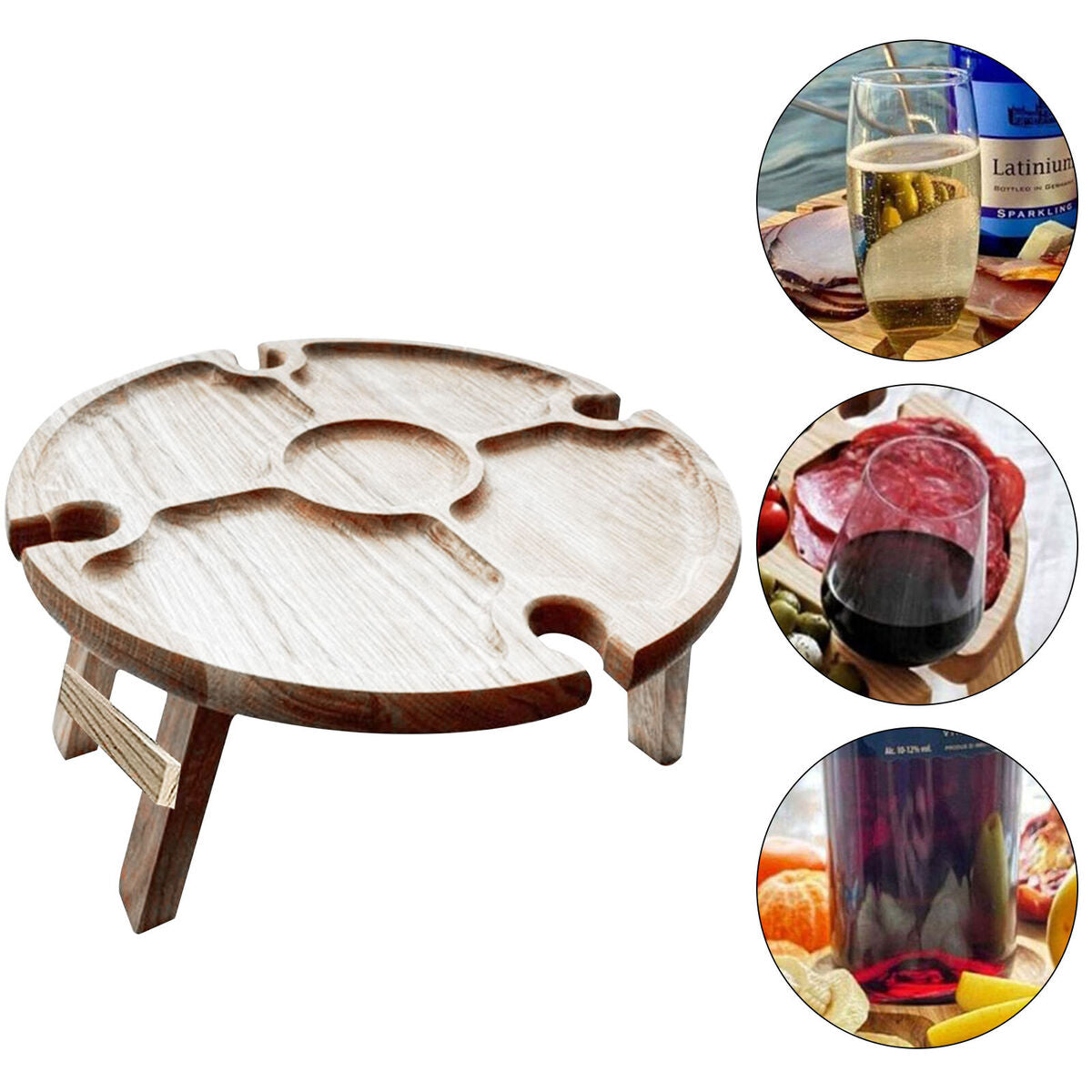 Wine Picnic Table Foldable Snack Table with Wine Bottle and Glass Holder