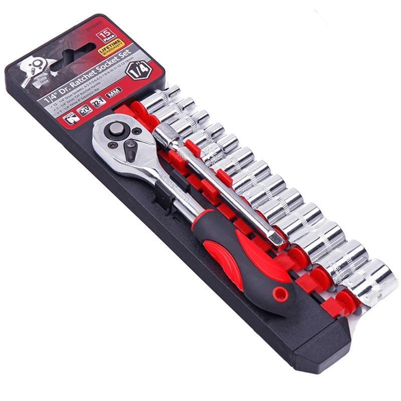 Socket Set 1/4 15pcs Chrome Vanadium Steel Metric Wrench Kit 72 Tooth Ratchet