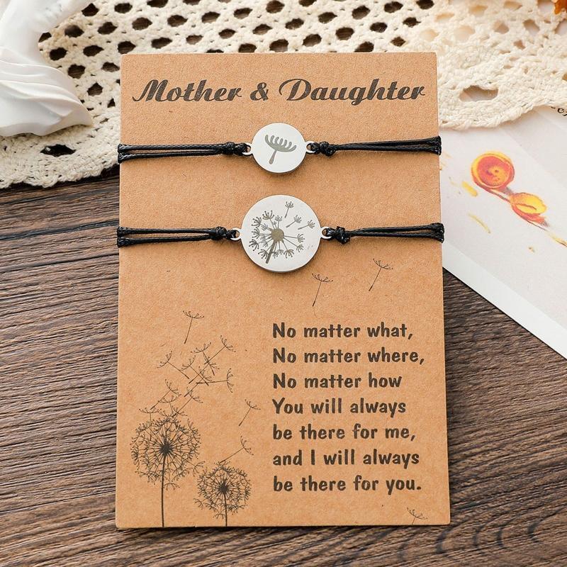 2Pcs Stainless Steel Dandelion Bracelets Set Adjustable Mother Daughter Bracelet