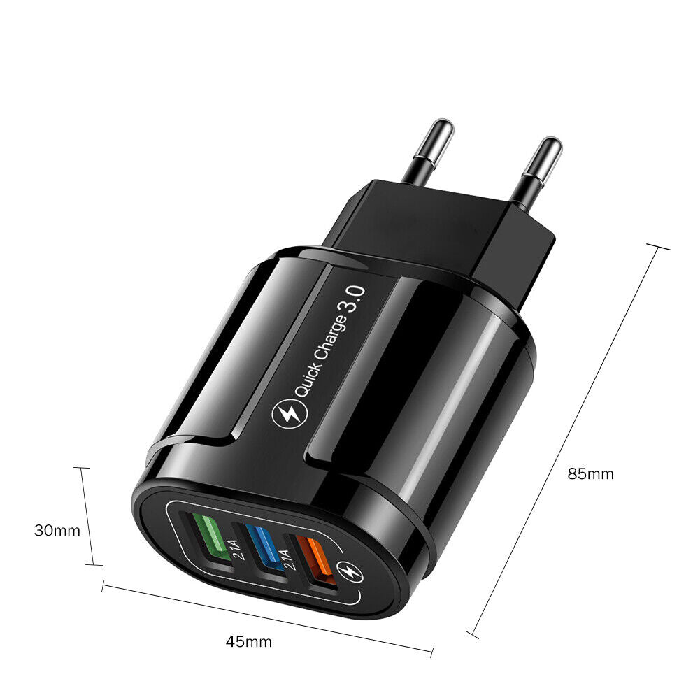 EU Plug 3 Port USB Charger QC3.0 Wall Phone Fast Charging Adapter (Black)