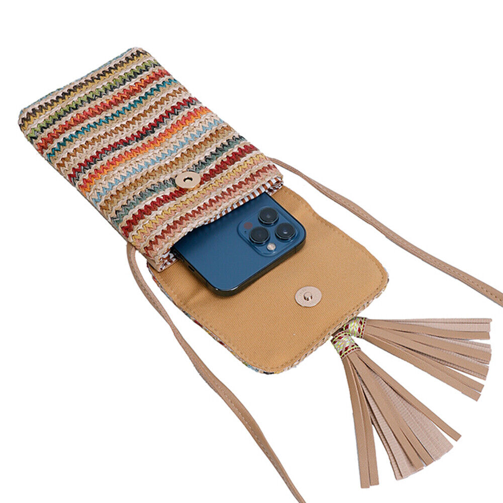 Women Straw Mobile Phone Bag Ethnic Woven Tassel Girl Satchel Crossbody Bag
