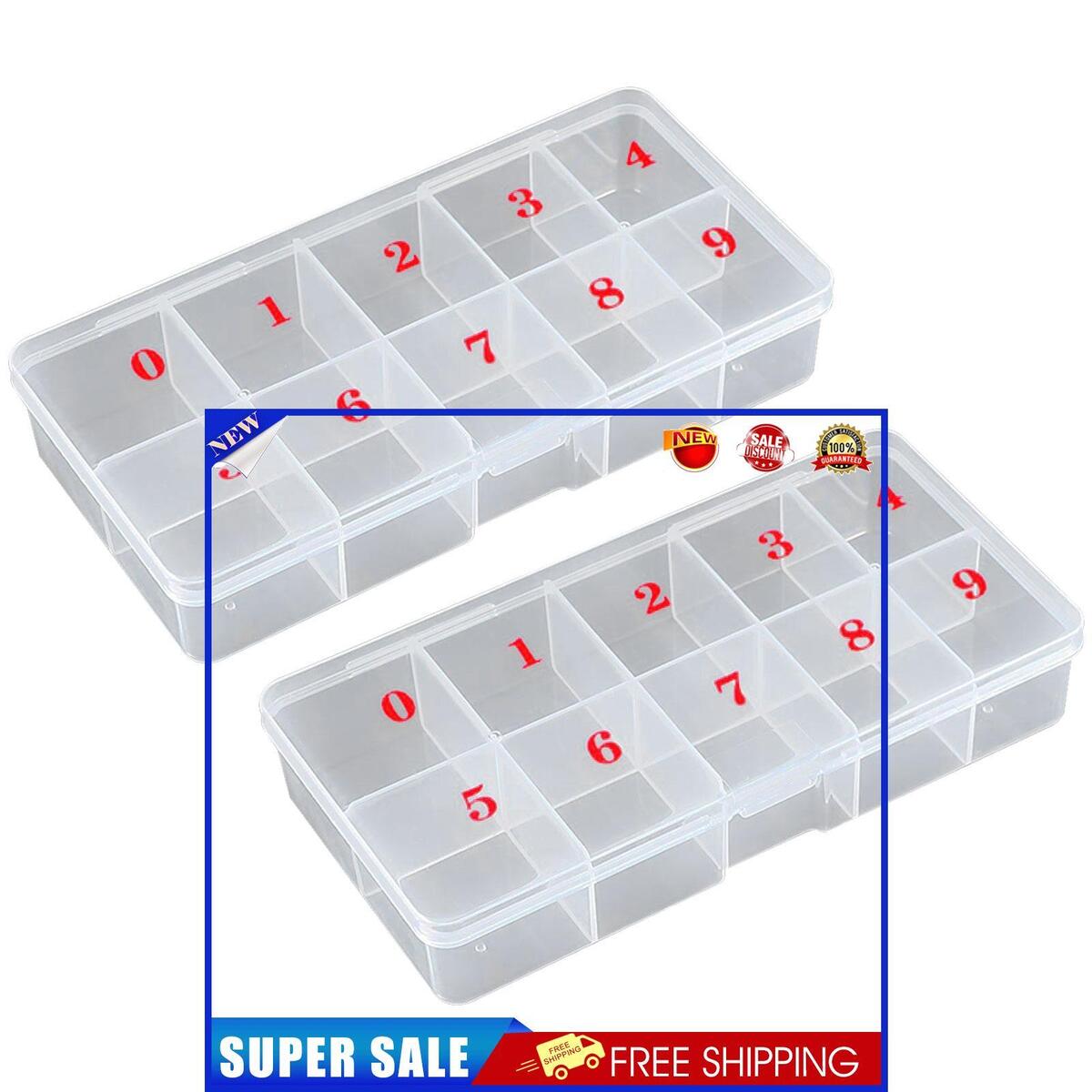 2 Pieces Nail Tip Box Plastic False Nail Art Tips Storage Box with 10 Grid