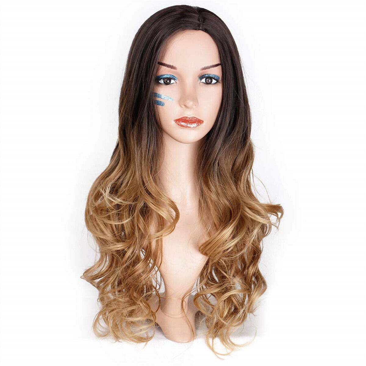 Hair Ombre Brown Middle Part Women Curly Synthetic Party Blonde Wig Wave Long