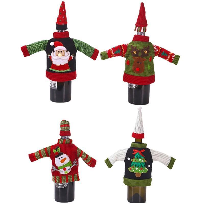 4 Sets Christmas Decorations Knitted Sweater Wine Bottle Cover Bag Hat New Year