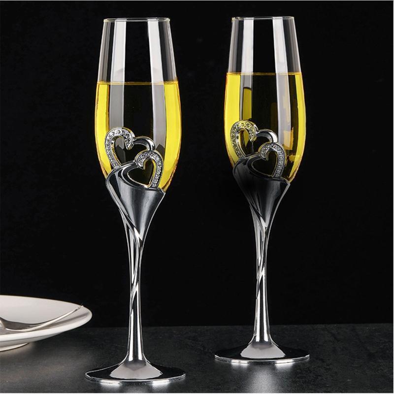 2Pcs Wedding Champagne Glass Set Toasting Flute Cup with Rhinestone Heart Decor