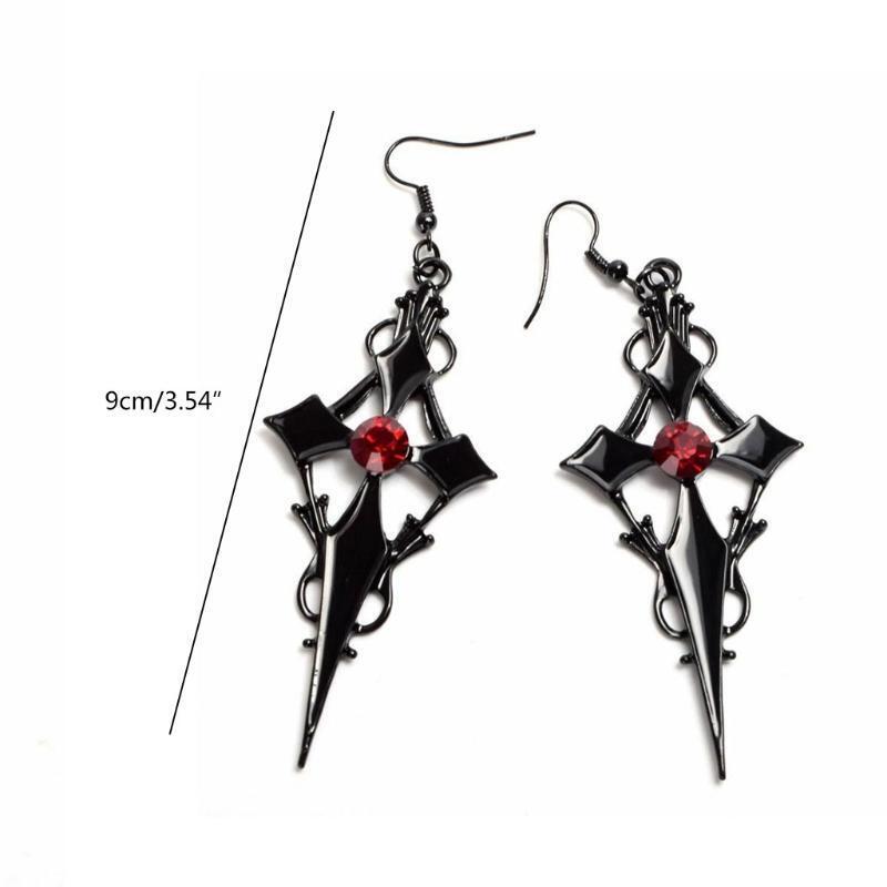 Halloween Steampunk Black Cross Metal Red Rhinestone Ear Pendant Jewelry Gifts