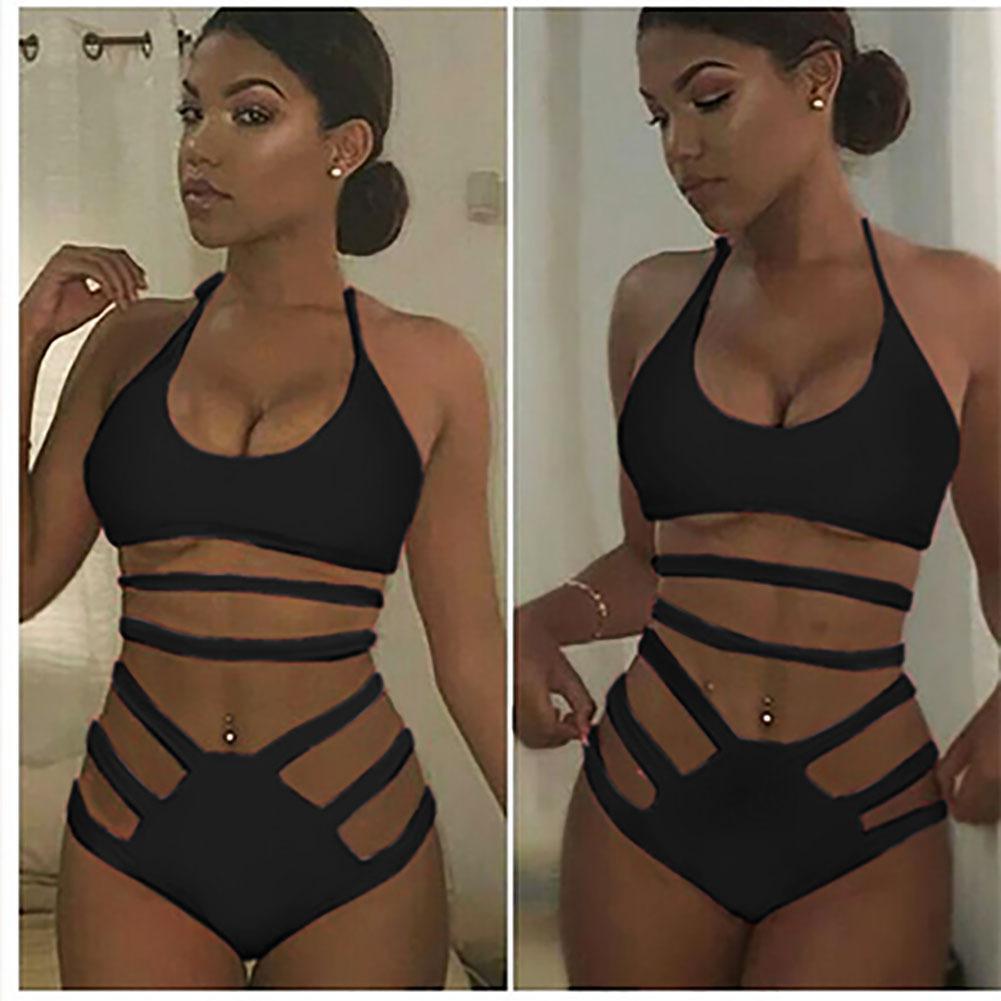 Women Solid Bandage Halter Two-Piece Swimwear Padded Bikini Set(Black)(XL)