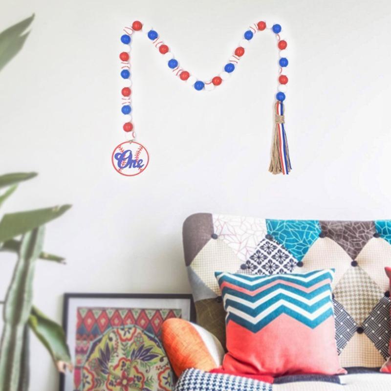 Wood Bead Garland with Tassels Baseball Tag Blue Red and White Sports Theme