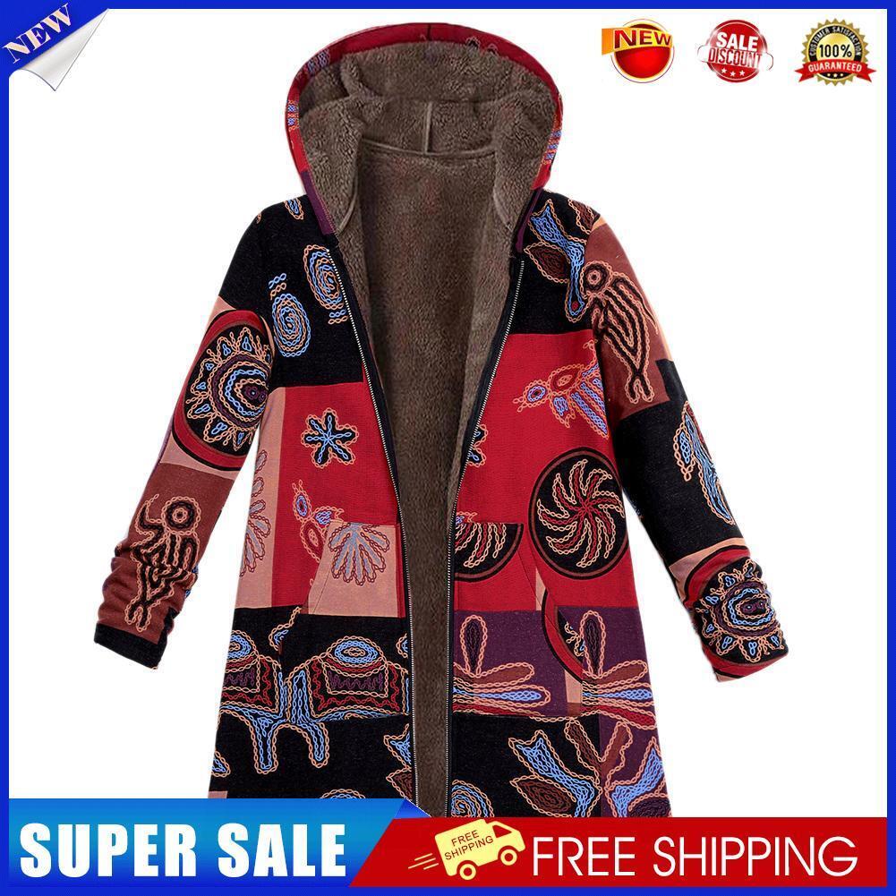 Plus Size Printing Fleece Long Sleeve Hooded Coat Women Outwear (Red 4XL)