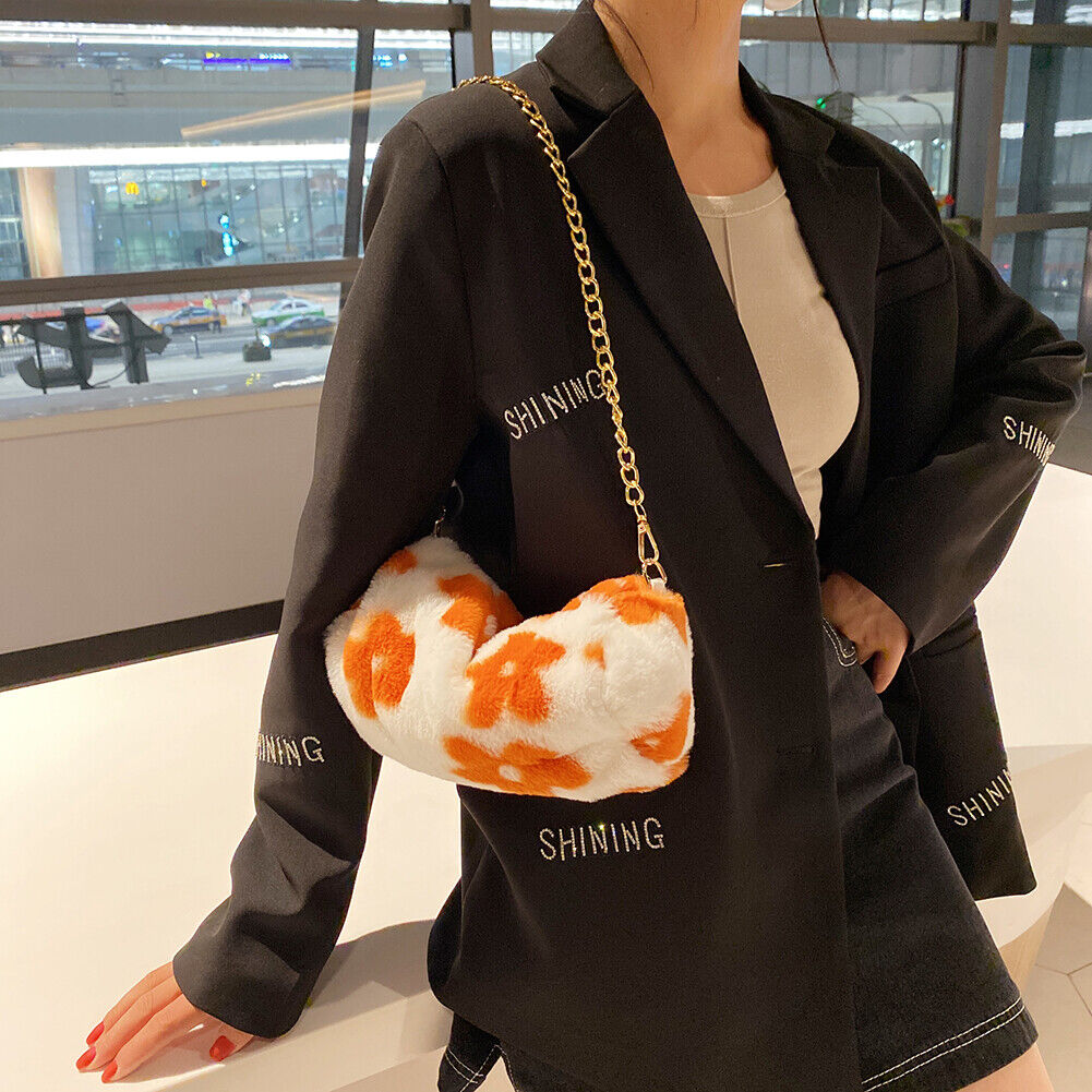 Cute Flower Cylinder Shoulder Bag Women Winter Chain Plush Purse (Orange)