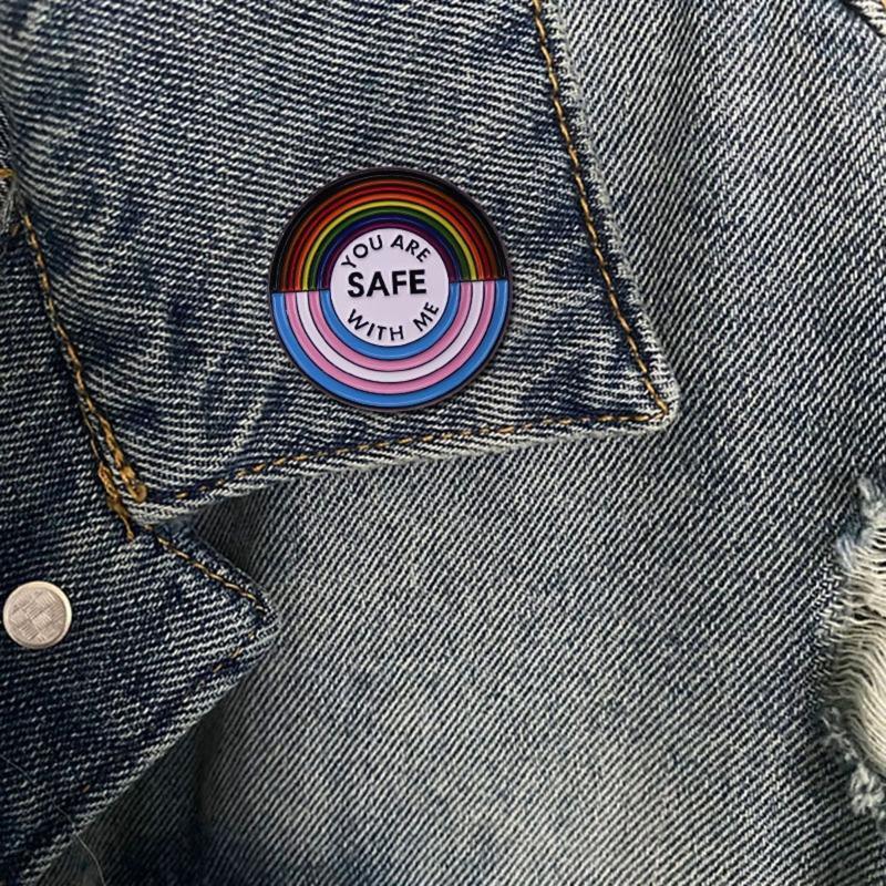 You Are Safe With Me Rainbow Flag Pride Lovers Enamel Brooch Lapel Pins Decor
