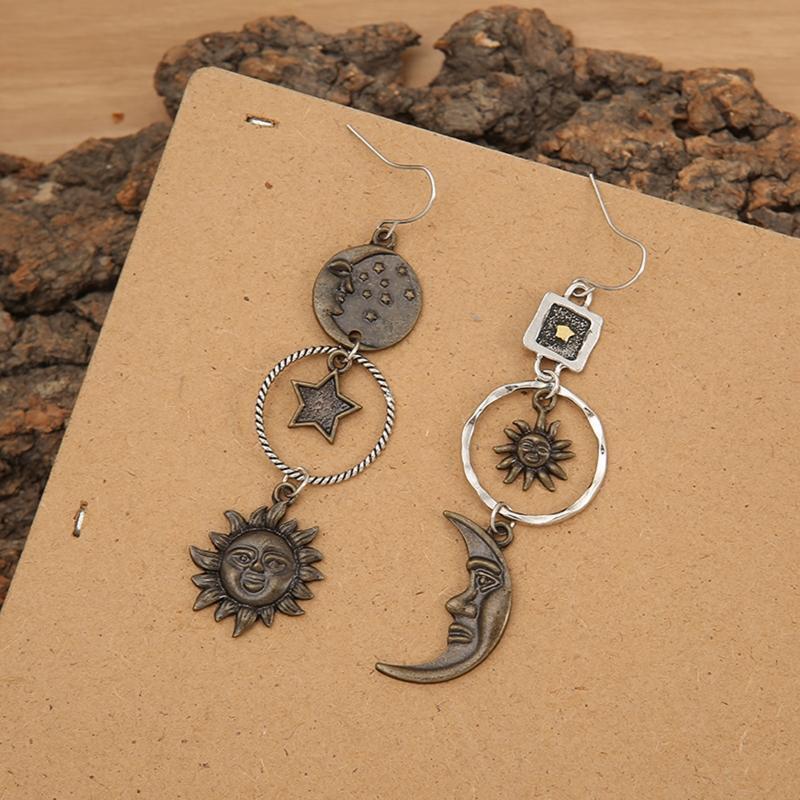 Sun Moon Pentagram Asymmetric Trendy Pendant Earrings Party Jewelry Gift for Her