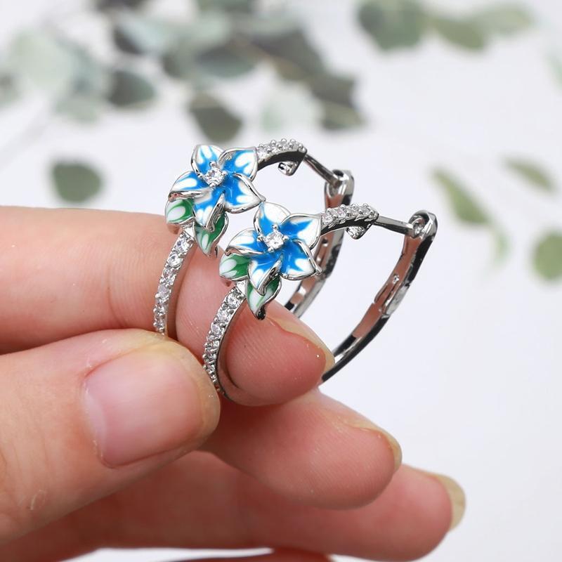 Enamel Floral Zircon  Blue Blooming Flower Hoop Earrings Women Fashion Jewerly