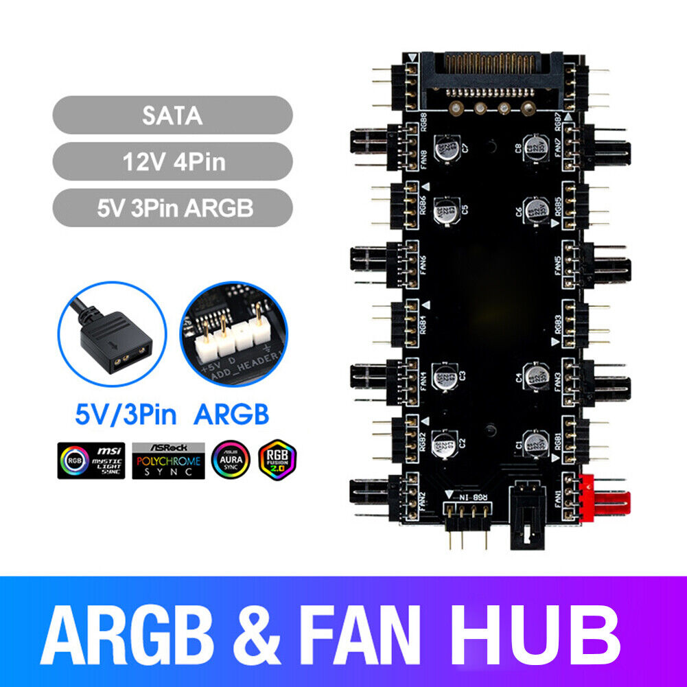 5V/3 Pin ARGB Fan PWM HUB 1 To 8 Ports Splitter for PC Motherboard (SATA)