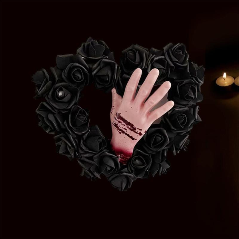 Black Halloween Wreath Heart Wreath Door Wreath with Bloodstain Hand Rose Decor