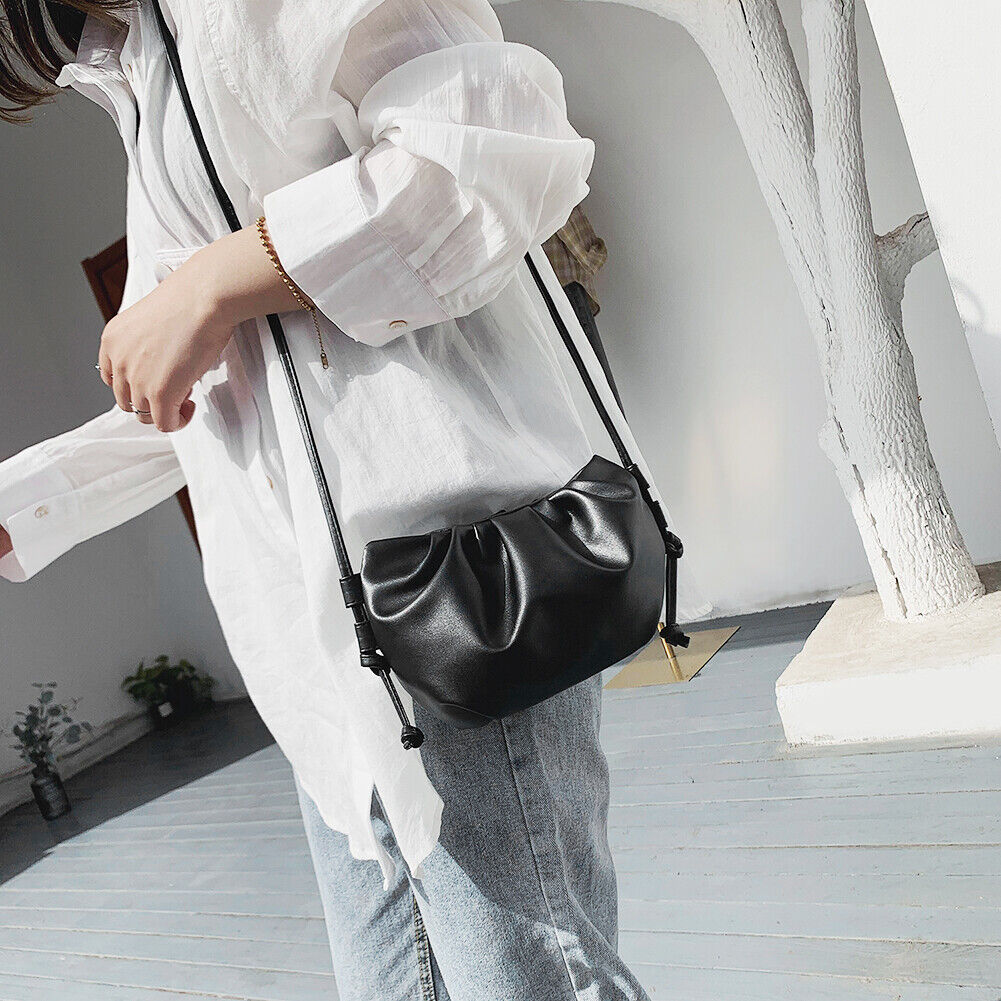 Women Cloud Shoulder Bag Leather Day Clutch Solid Crossbody Handbag (Black)