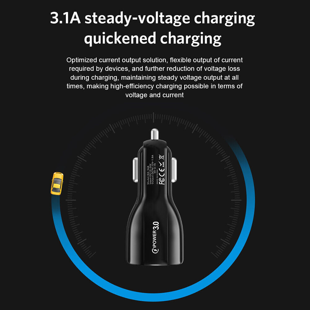 Phone Car Charger QC3.0 Dual USB Fast Charging Adapter for Mobile (Black)