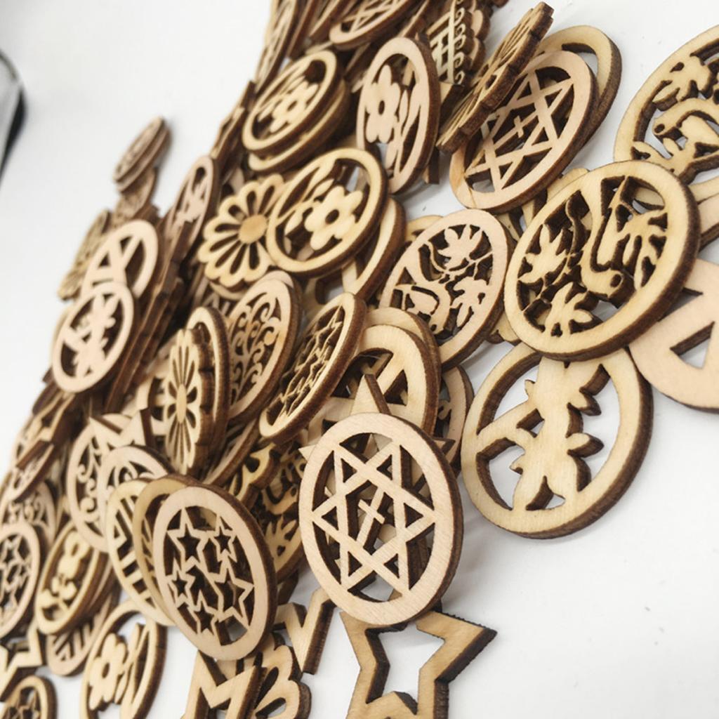 100pcs Mixed Hollow Round Unfinished Wood Pieces Embellishments Arts Crafts