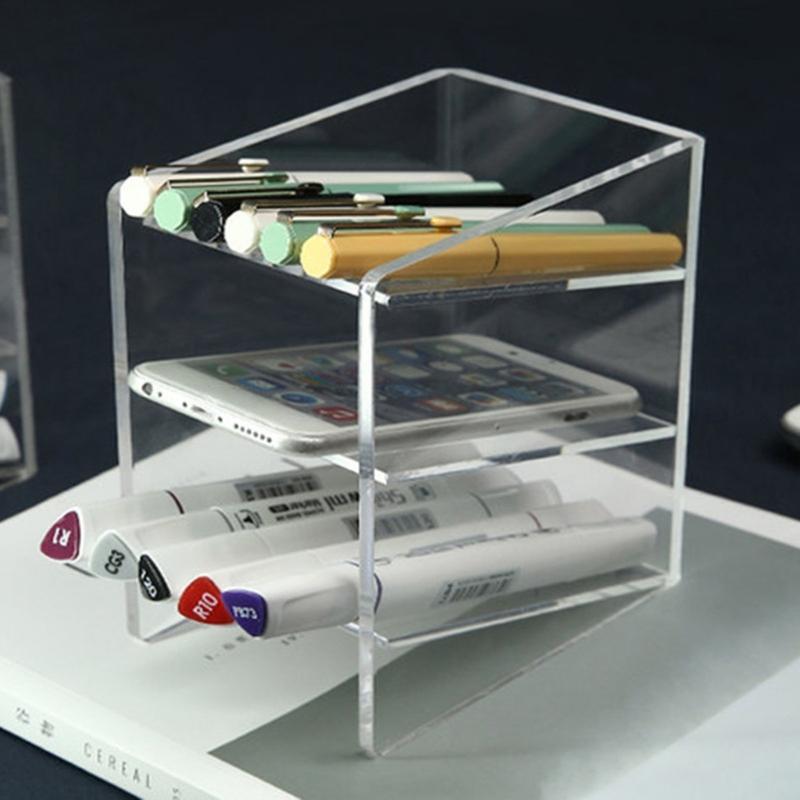 Desktop 3-grid Clear Pen Holder Transparent Makeup Tools Organizer Holder Box