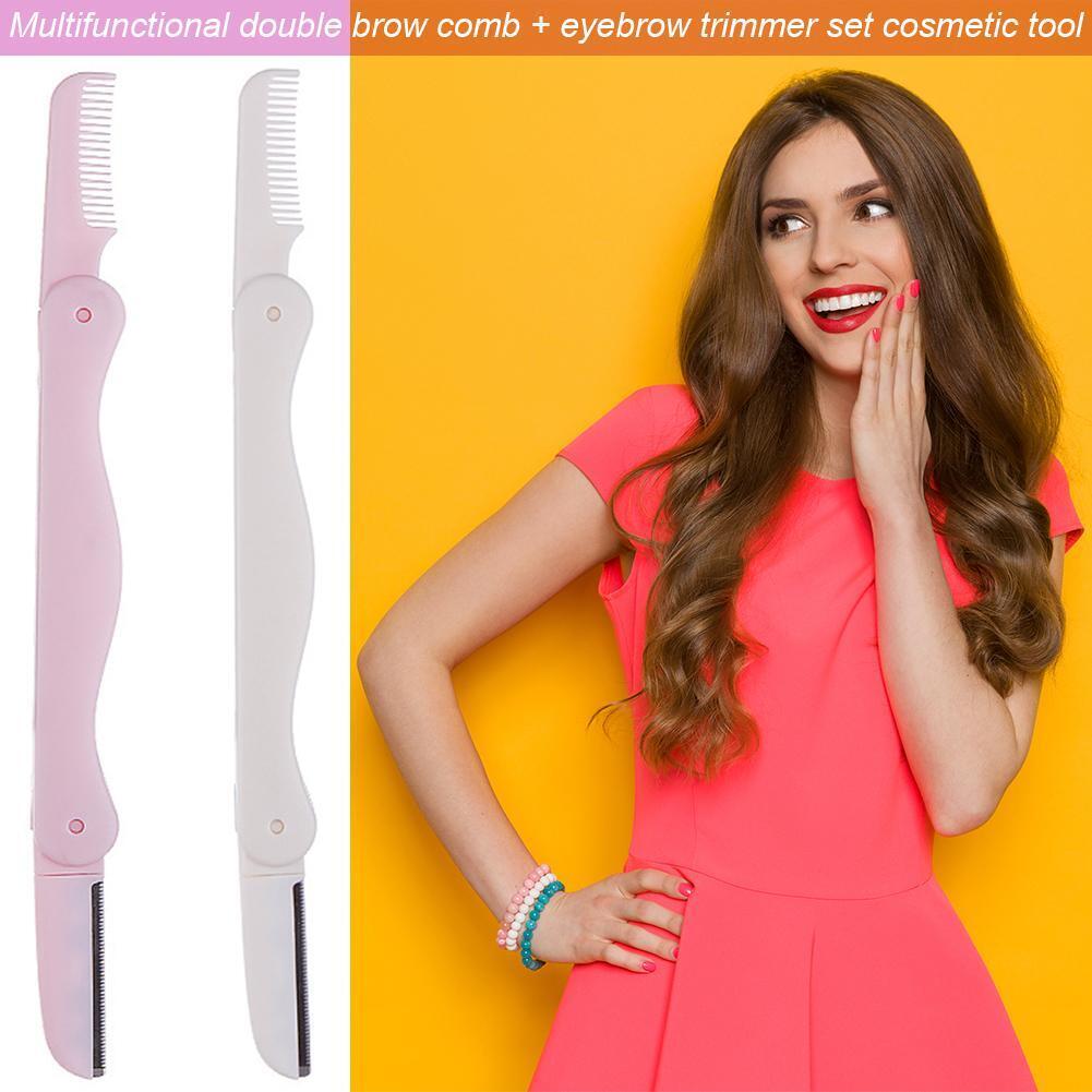 2pcs Folding Eyebrow Trimmer Eye Brow Makeup Shaver Brush Kit (Pink White)
