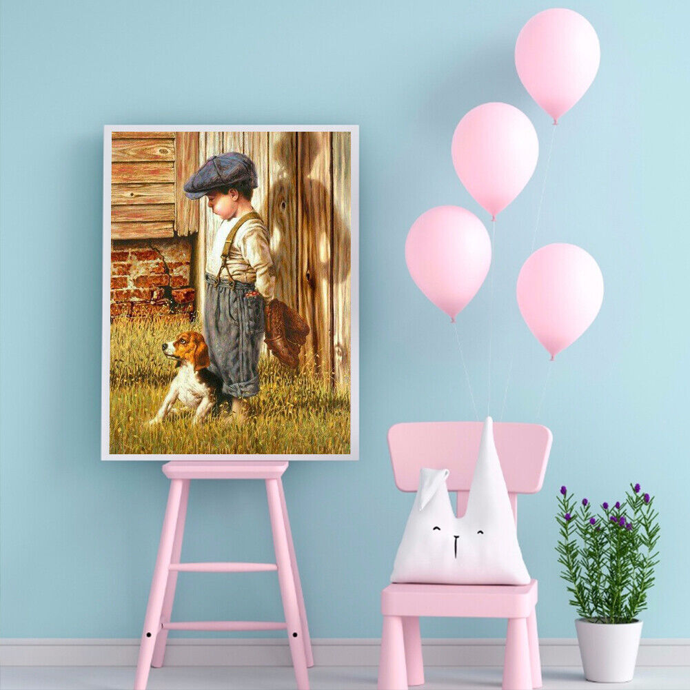 Little Boy and Dog Picture Rhinestone Full Round 5D DIY Diamond Painting
