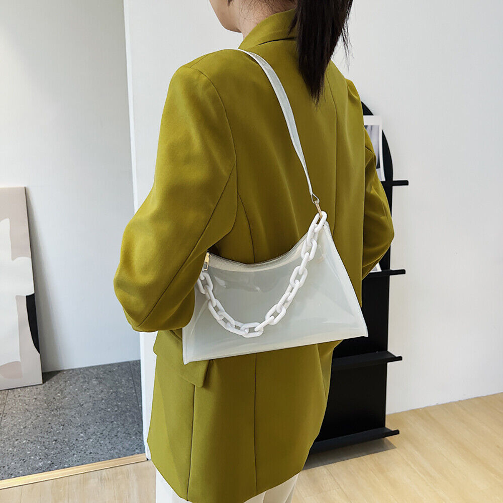 Summer Candy Color Portable Shoulder Bag PVC Chain Underarm Bag (White)