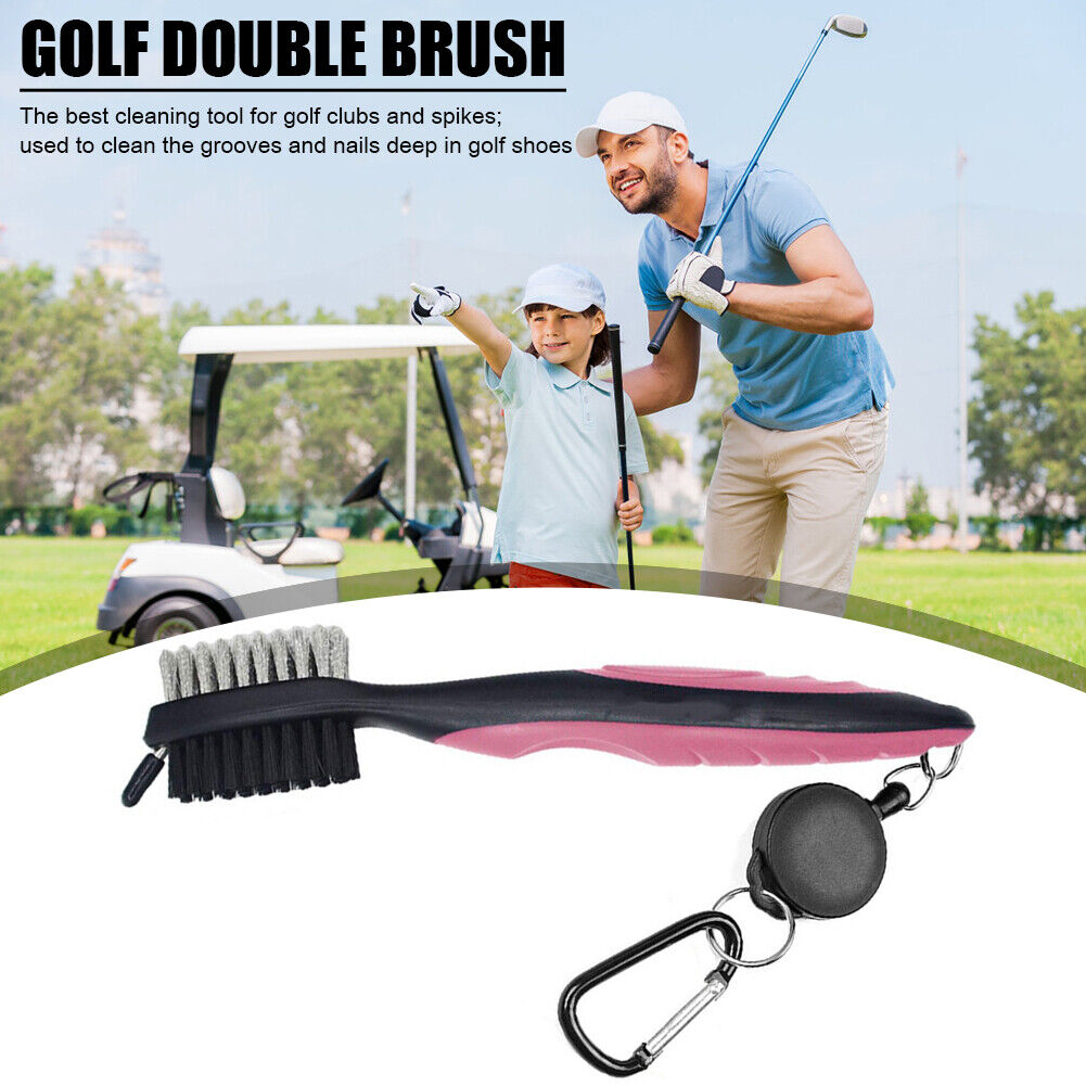 Retractable Golf Club Brush Groove Cleaner w/ Clip for Irons Woods (Pink)
