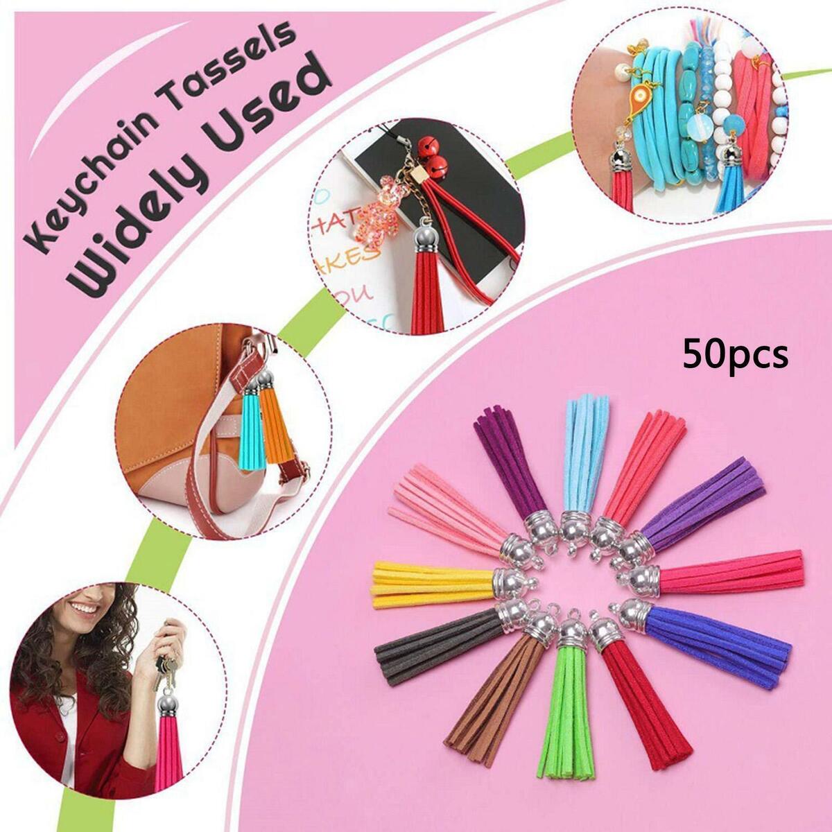 50Pcs Colored 1.5 Inch Leather Keychain Tassels Bulk Fringe DIY Crafting