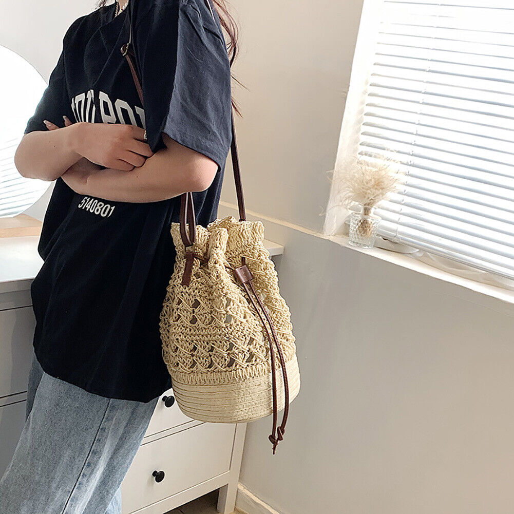 Straw Women Hand-Woven Rattan Bucket Tote Drawstring Shoulder Bags (Beige)