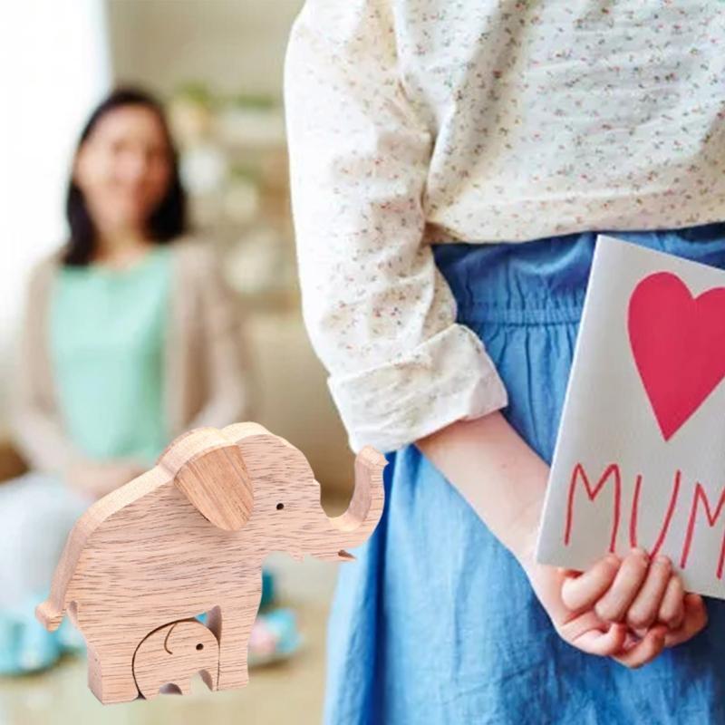 Elephant Mother and Child Family Wood Carving Ornament Table Decor