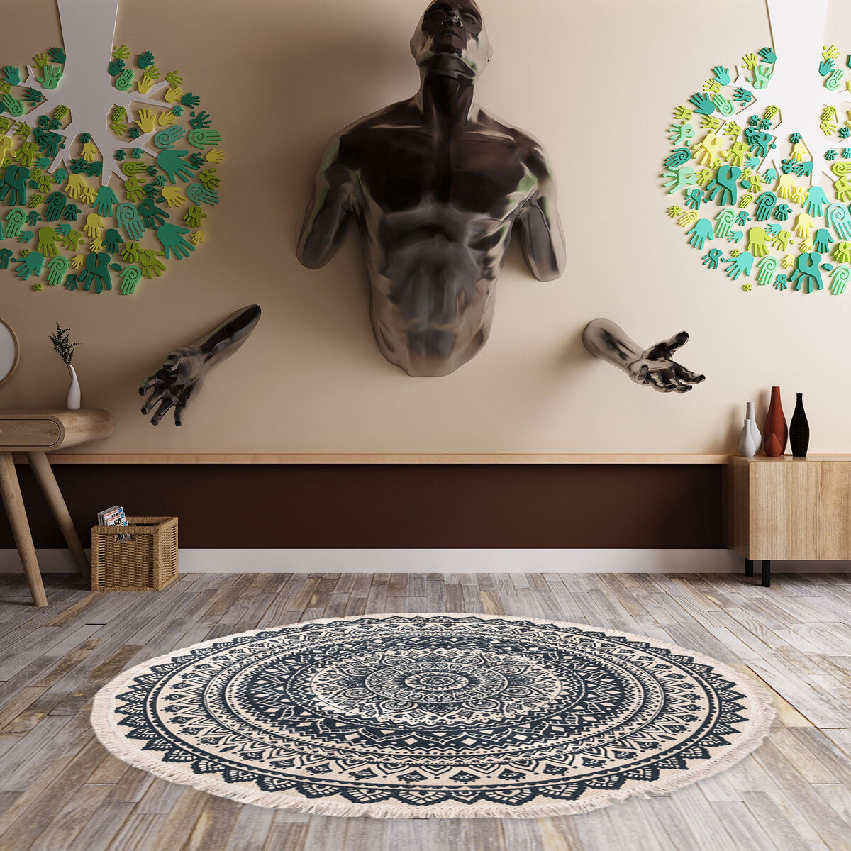 Hand Woven Rugs - Living Room Bedroom Carpet with Tassel (Blue Black 60cm)