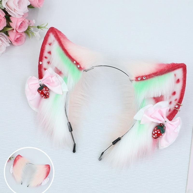 Simulation Animal Strawberry Cat Ears Plush Headband with Bow Gift for Birthday
